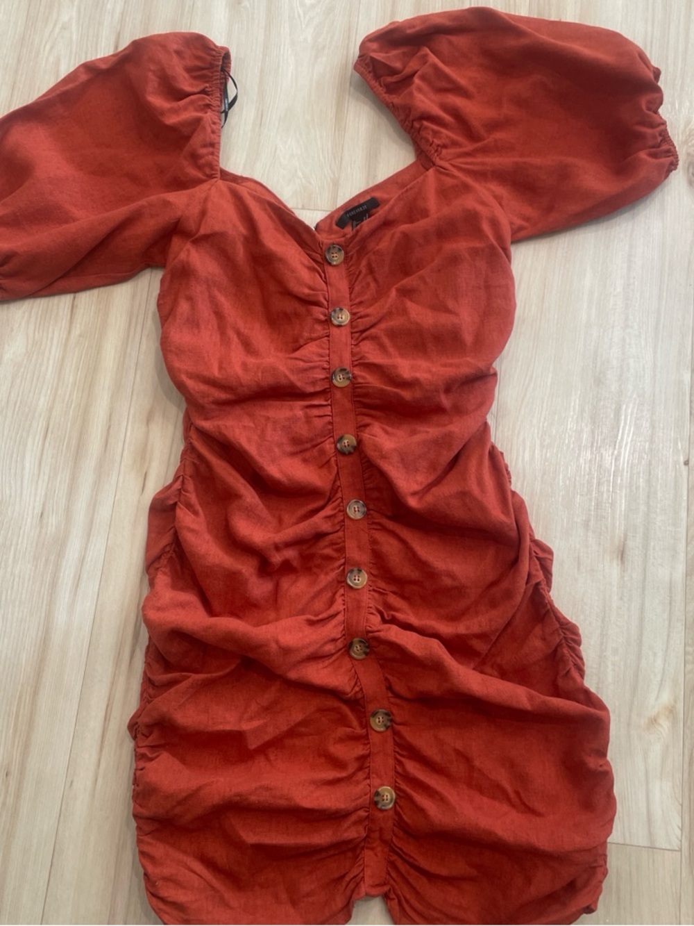 Forever 21 Rust Orange Button-Front Ruched Mini Dress